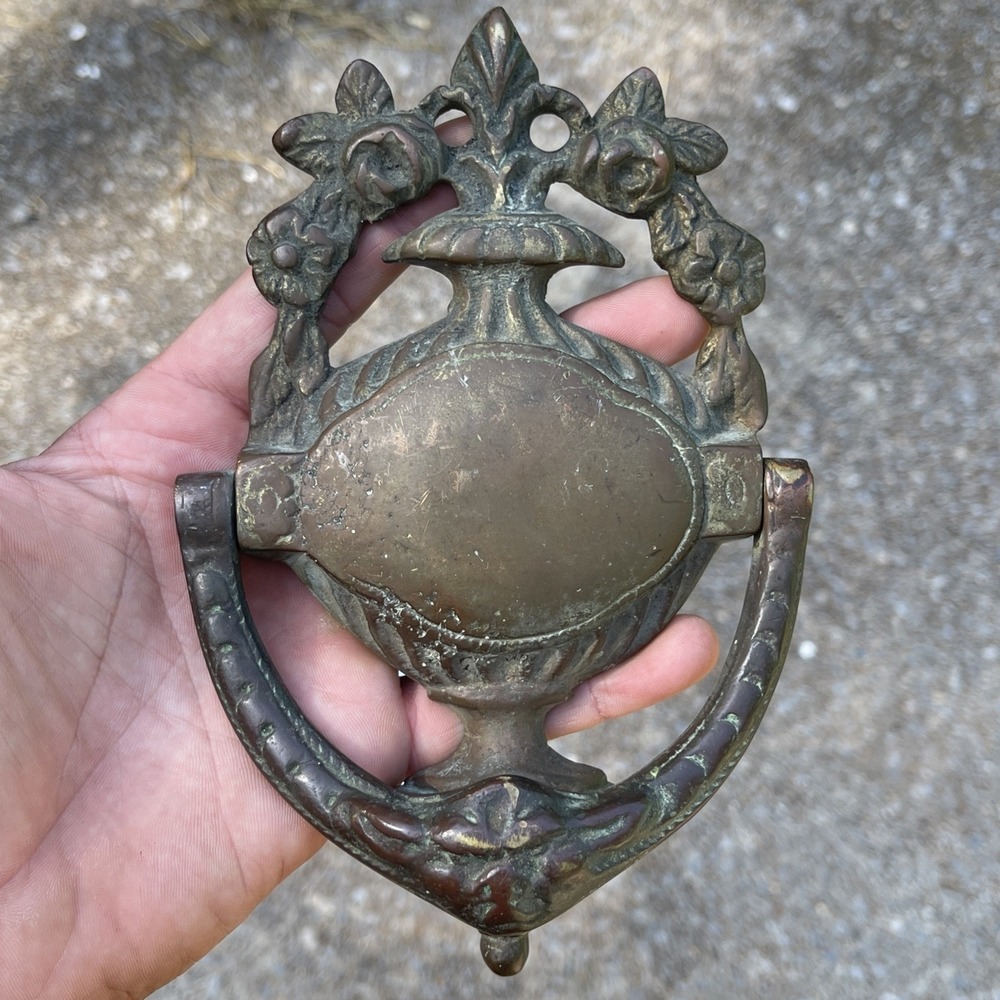 Vintage English Solid Brass Door Knocker Floral Urn Georgian Made in England